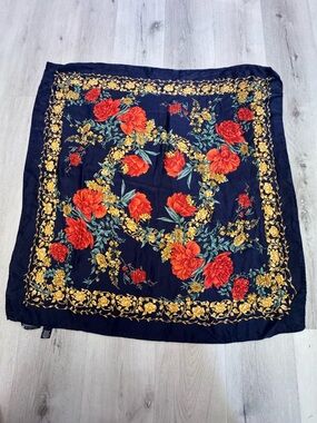 Navy Floral Square Scarf with Red Blooms and Gold Border